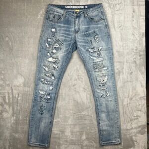 GRINDHOUSE DENIM Men's Light Wash Distressed Graphic Print Slim Fit Jeans 34x34